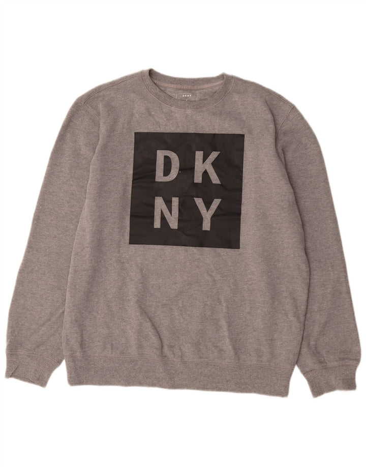 Dkny moletom gráfico masculino jumper médio cinza algodão manchado