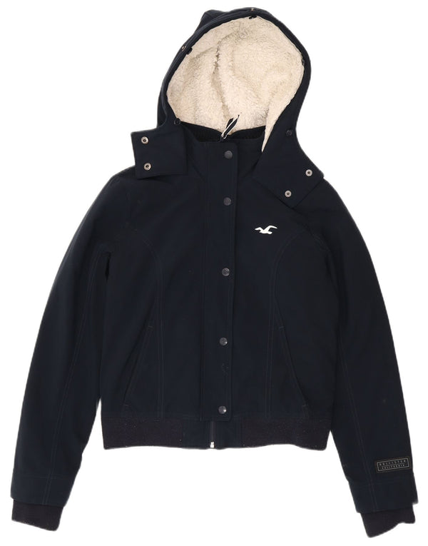 Jaqueta bomber feminina Hollister com capuz e ajuste relaxado Reino Unido 10 pequena azul marinho