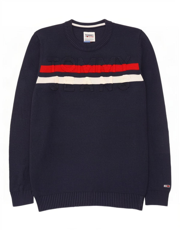 Tommy Hilfiger Suéter masculino com gola redonda pequeno bloco colorido azul marinho