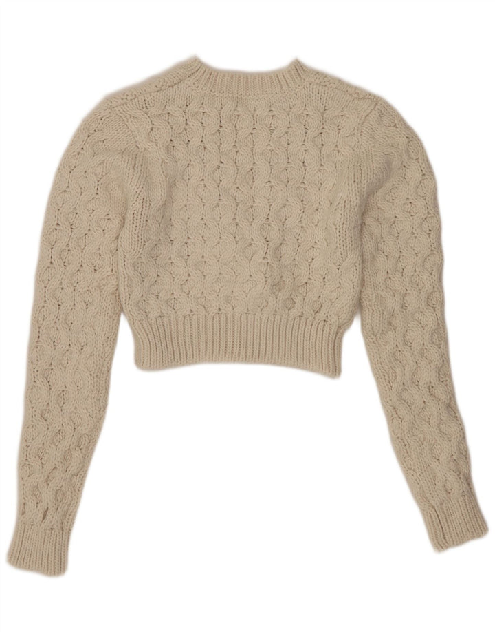 Zara Suéter feminino cropped com gola redonda Reino Unido 10 pequeno poliéster branco