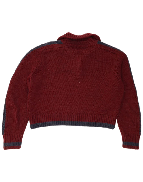 Zara Suéter feminino cropped com gola polo UK 10 pequeno bloco colorido Borgonha