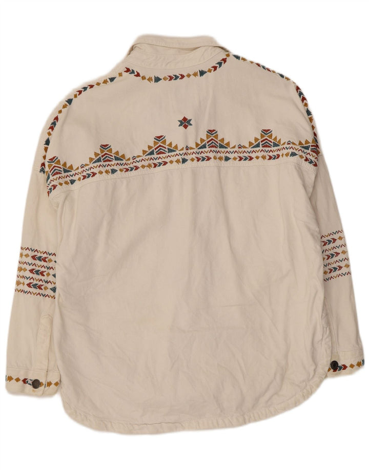 Camisa oversized feminina Zara Reino Unido 10 pequeno algodão geométrico branco