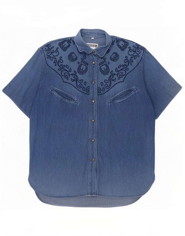 Camisa jeans feminina de manga curta Moschino Reino Unido 14 Paisley azul médio