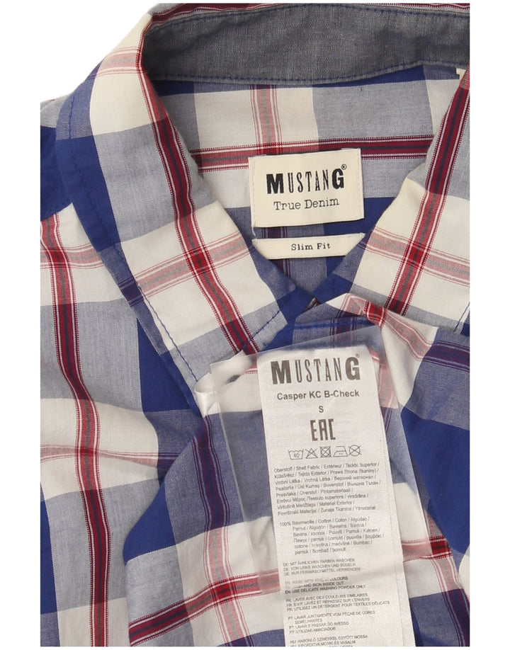 Camisa masculina Mustang Slim Fit pequena xadrez azul de algodão