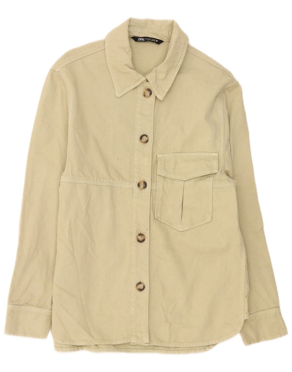Camisa jeans oversized feminina Zara Reino Unido 10 algodão bege pequeno