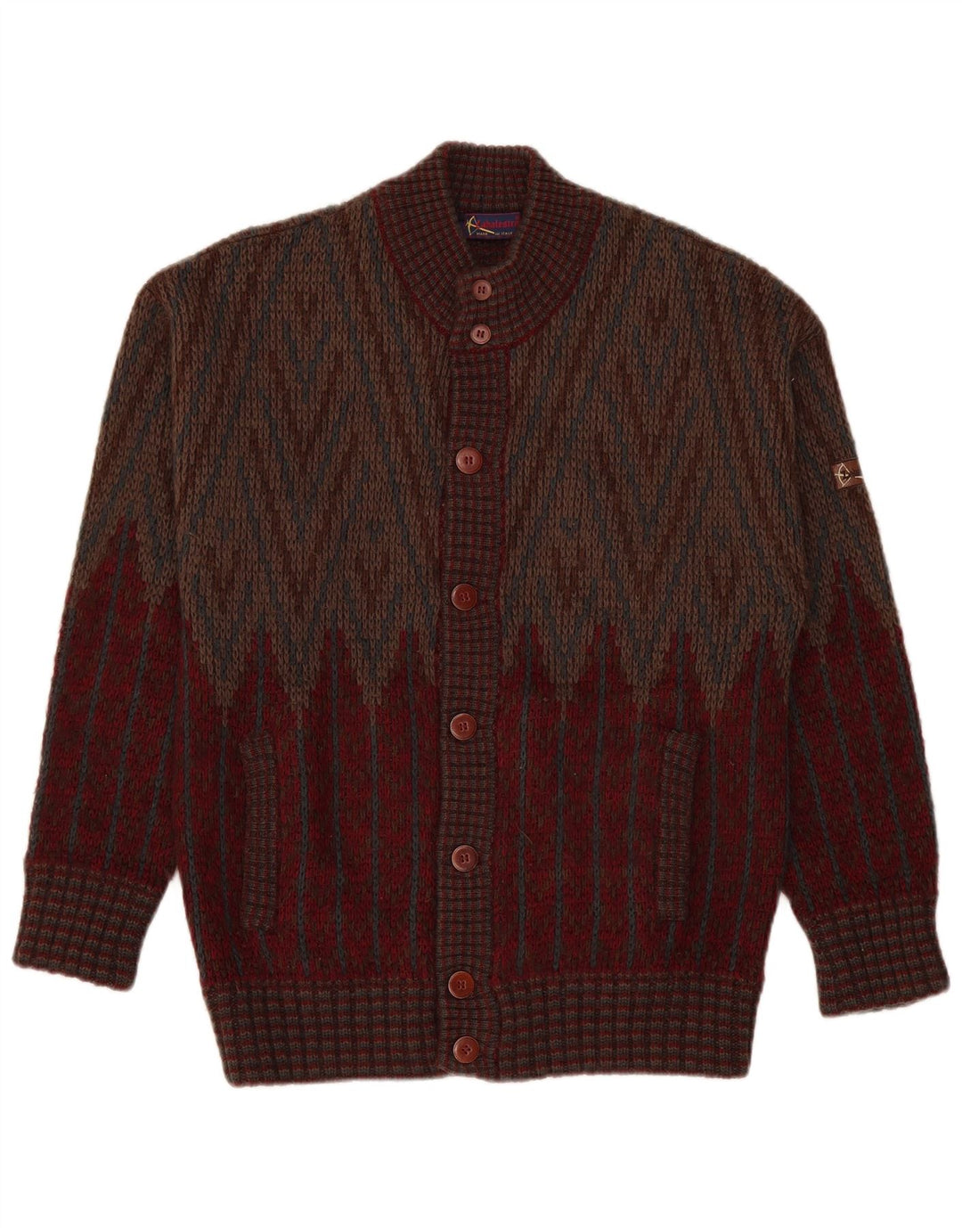 Suéter Cardigan Masculino Vintage Médio Borgonha Geométrico