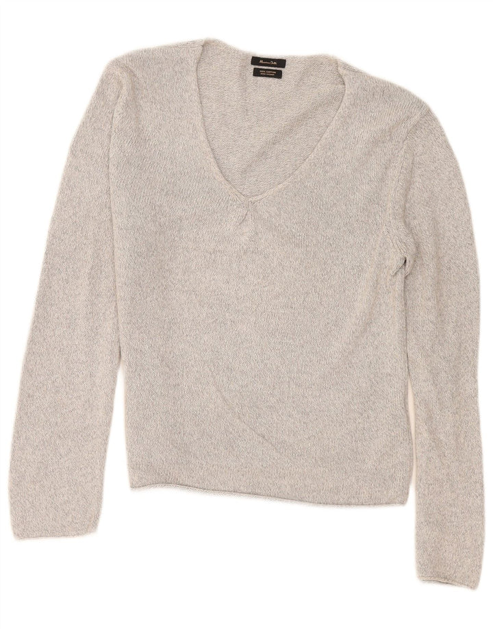 Suéter feminino Massimo Dutti com decote em V Reino Unido 14 algodão manchado cinza médio
