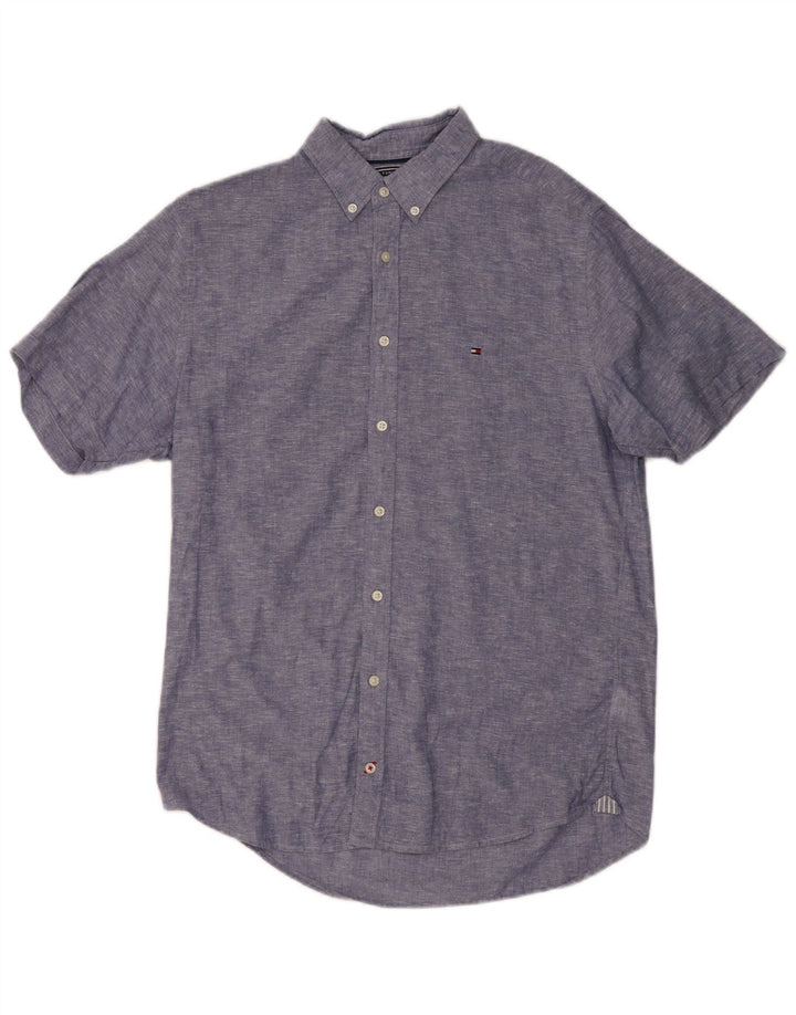 Camisa masculina de manga curta TOMMY HILFIGER algodão manchado azul médio