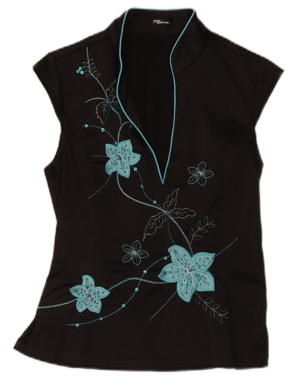 Blusa feminina Jane Norman UK 12 poliéster floral preto médio