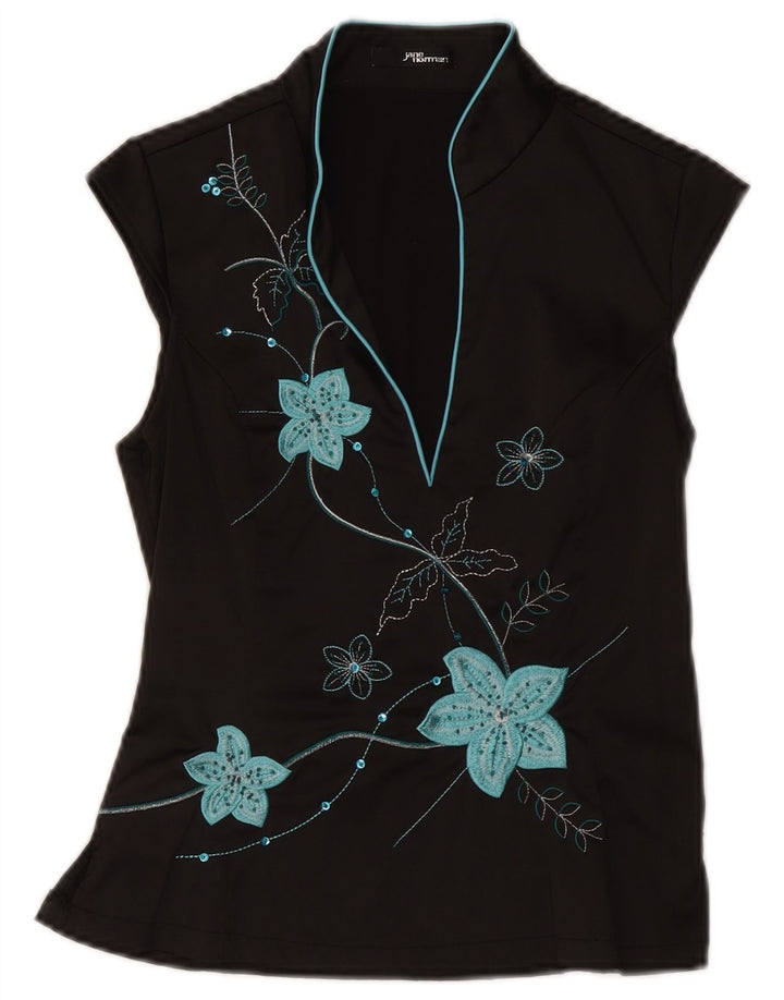 Blusa feminina Jane Norman UK 12 poliéster floral preto médio