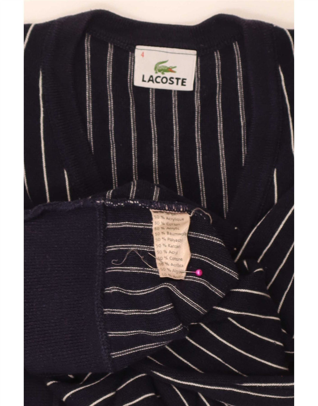 Suéter masculino Lacoste com decote em V tamanho 4 médio azul marinho listrado