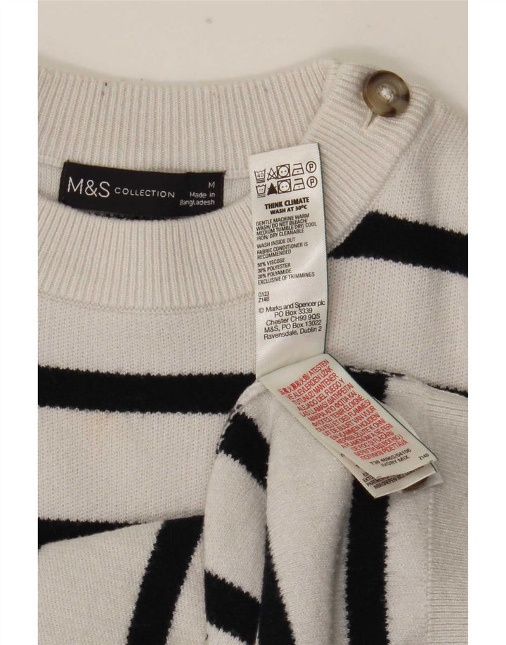 Suéter feminino Marks & Spencer com gola redonda UK 14 listrado branco médio