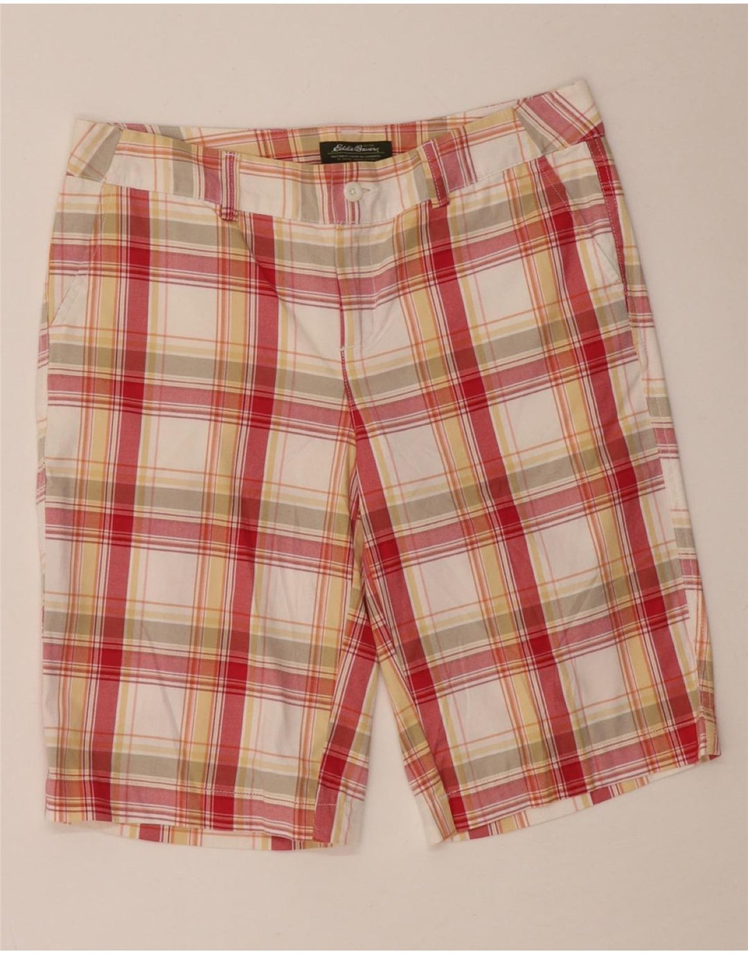 EDDIE BAUER Shorts Chino feminino US 6 médio W30 algodão xadrez vermelho