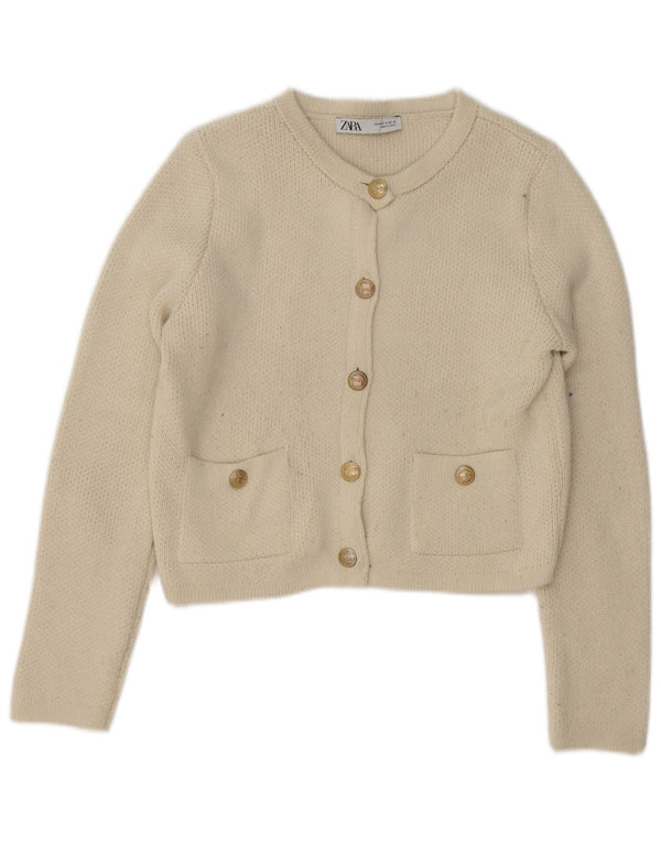 Zara Suéter Cardigan Crop Feminino UK 14 Médio Off White