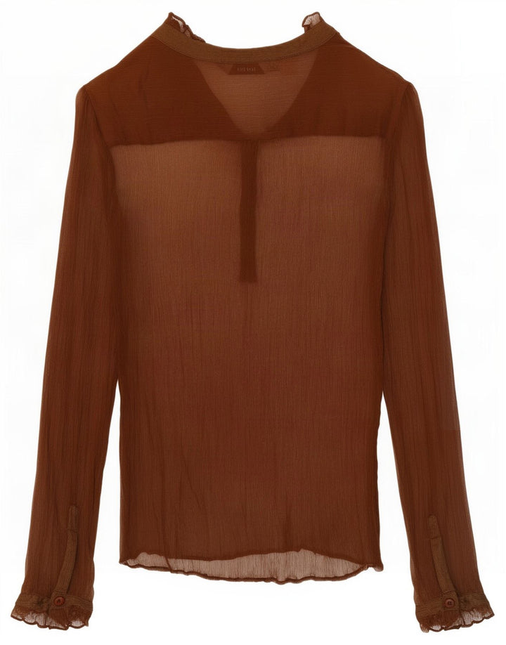 Top feminino Zara de manga comprida transparente Reino Unido 14 seda marrom médio