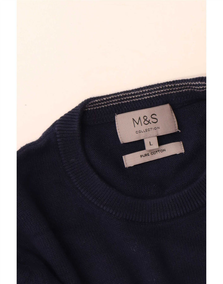 Suéter masculino Marks & Spencer com gola redonda, grande algodão azul marinho