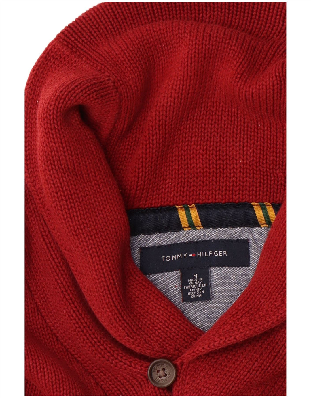 TOMMY HILFIGER Mens Shawl Neck Jumper Sweater Medium Red Cotton