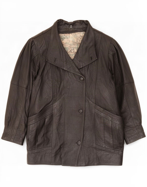 Casaco de couro grande vintage feminino UK 10 pequeno preto