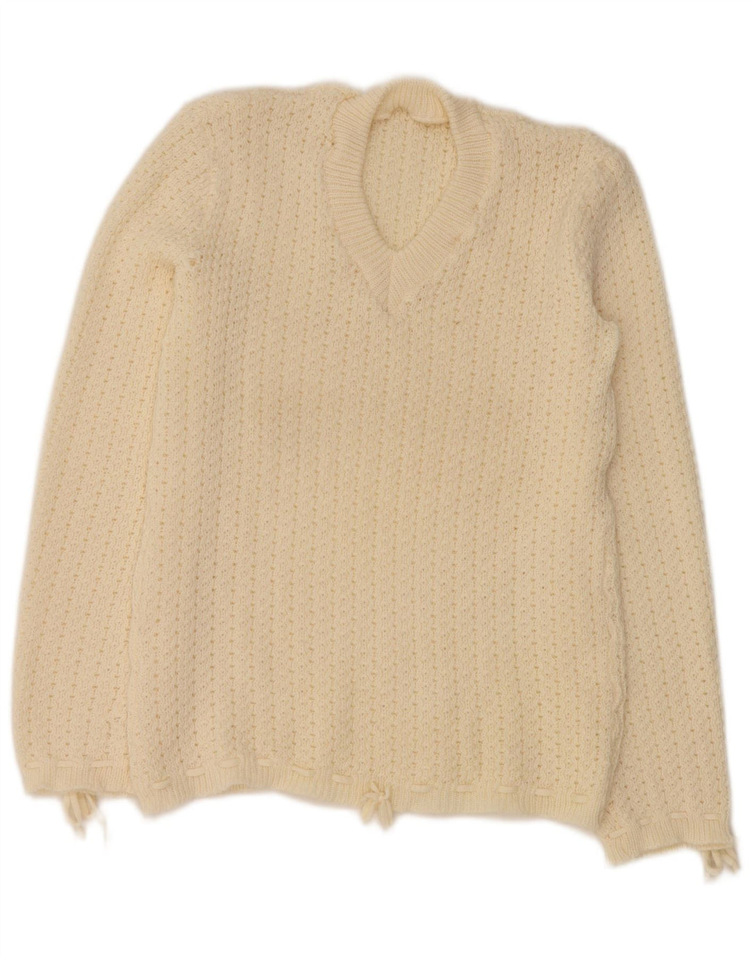Suéter feminino VINTAGE com decote em V UK 12 médio off white