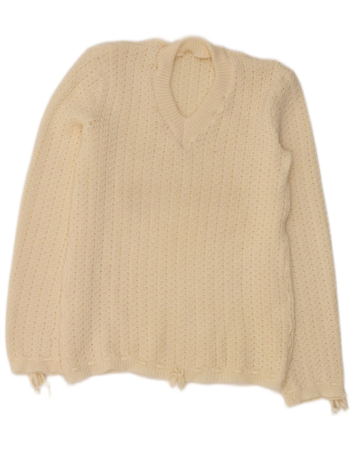 Suéter feminino VINTAGE com decote em V UK 12 médio off white