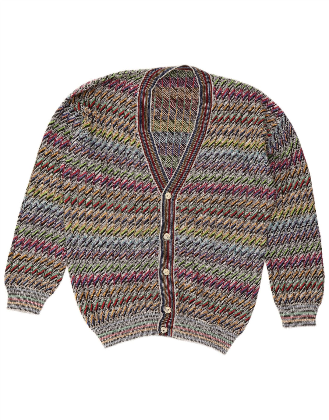 Suéter cardigã masculino vintage IT 50 algodão Chevron médio multicolorido