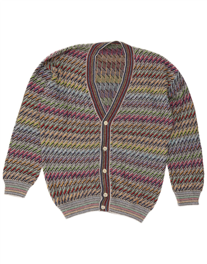 Suéter cardigã masculino vintage IT 50 algodão Chevron médio multicolorido