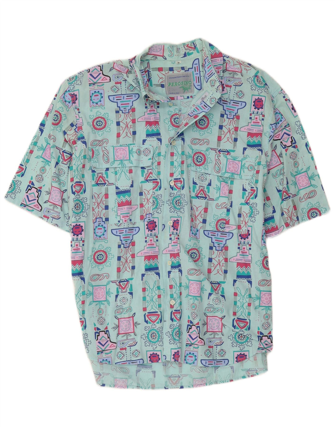 Perosino Camisa masculina de manga curta com padrão abstrato turquesa média