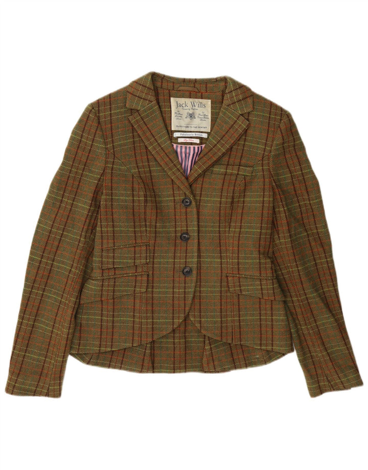 Jaqueta blazer feminina de 3 botões Jack Wills Reino Unido 12 lã xadrez verde médio