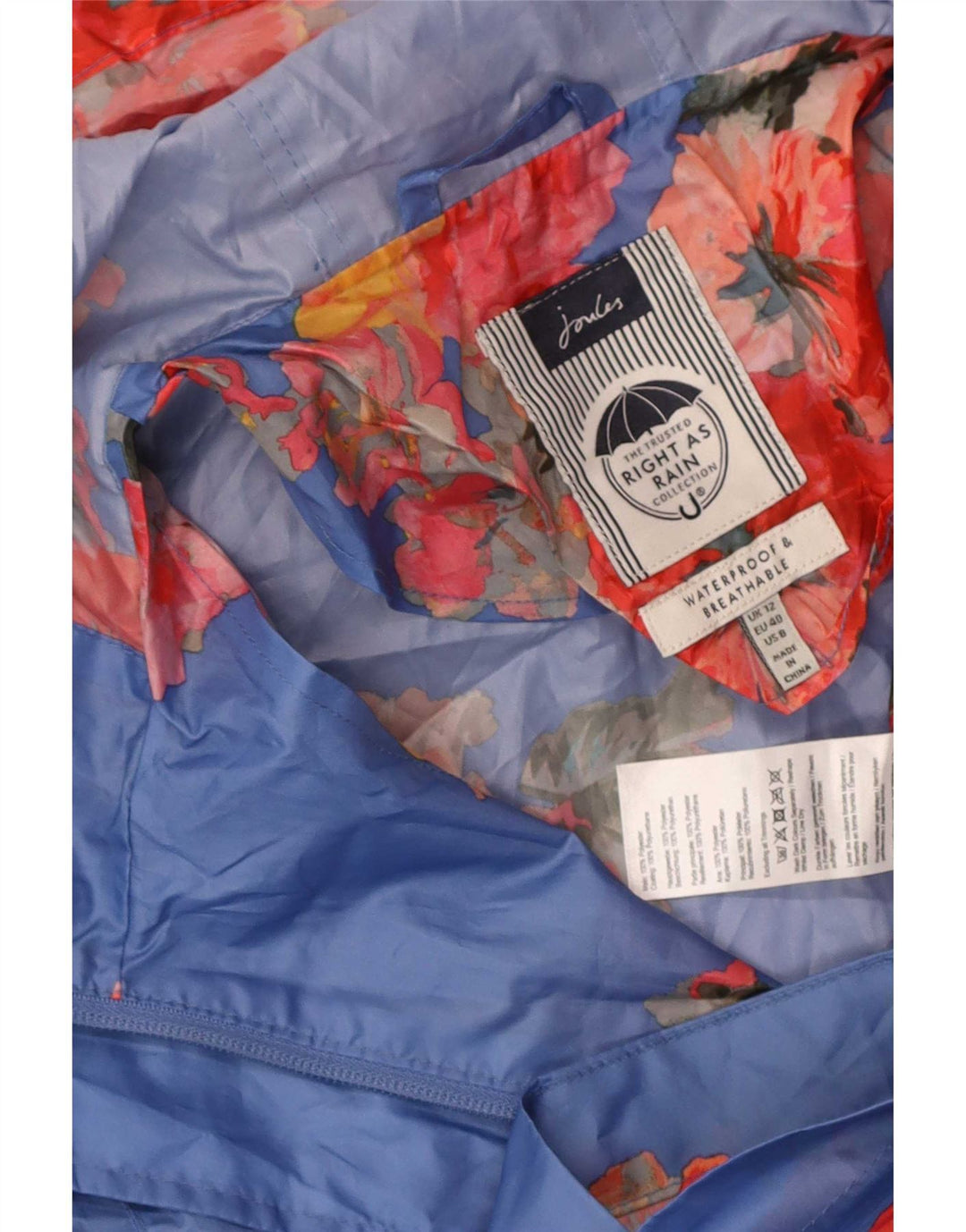 Capa de chuva feminina com capuz Joules UK 12 poliéster floral azul médio