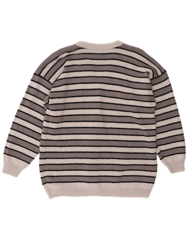 Suéter Cardigan Feminino Vintage UK 18 XL Listrado Cinza