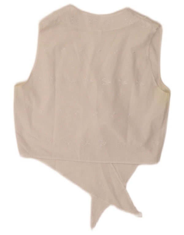 Blusa feminina vintage com gravata frontal e manga curta UK 12 floral branco médio