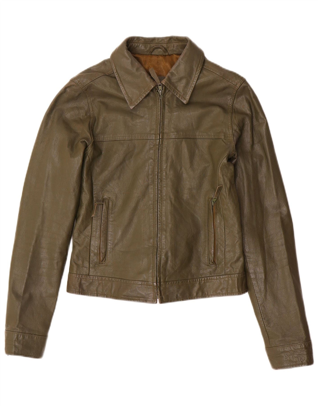 Jaqueta feminina de couro Zara Trafaluc Crop UK 12 couro cáqui médio