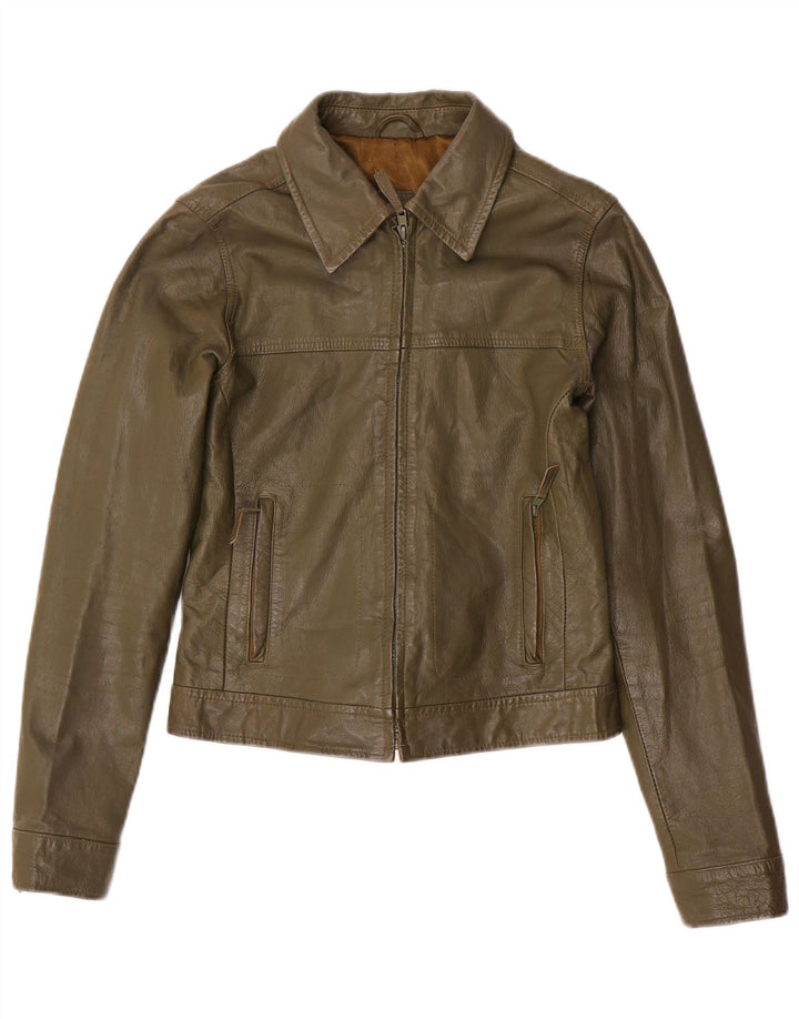 Jaqueta feminina de couro Zara Trafaluc Crop UK 12 couro cáqui médio