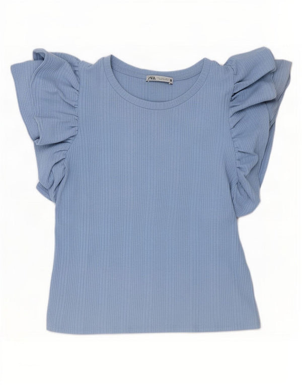 Zara Camiseta Feminina Crop Top UK 14 Grande Azul