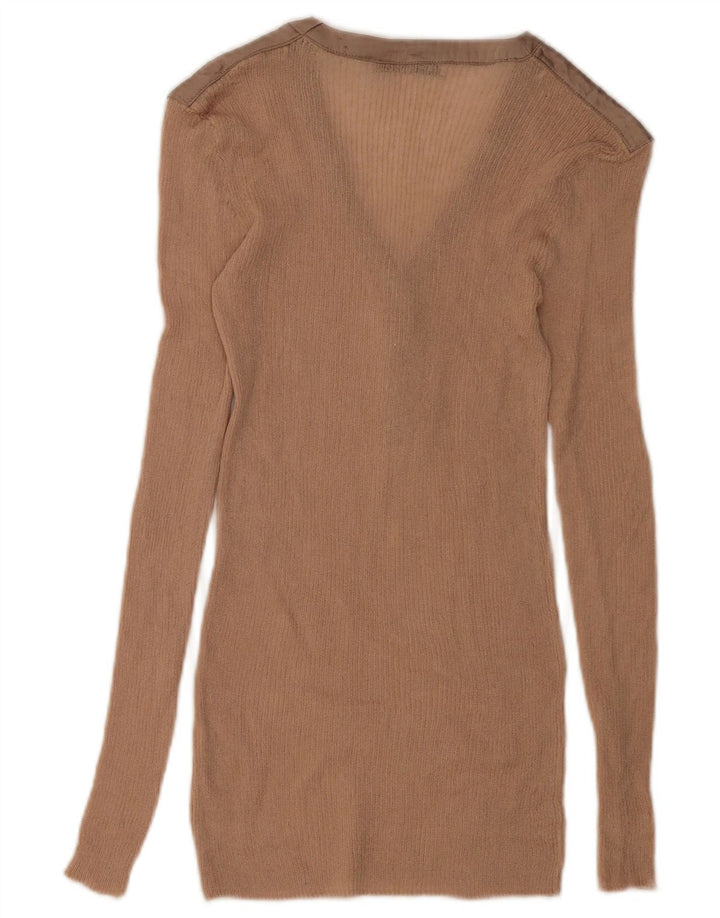 Top feminino Zara de manga comprida UK 10 pequeno bloco colorido bege