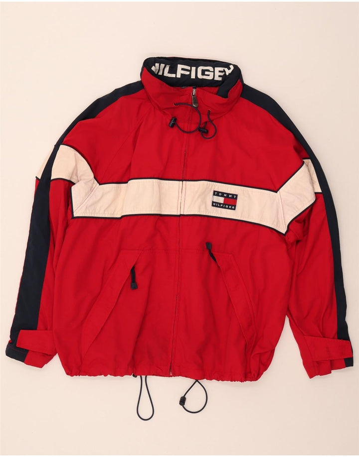 Jaqueta de chuva masculina Tommy Hilfiger com capuz Reino Unido 40 grande bloco colorido vermelho nylon