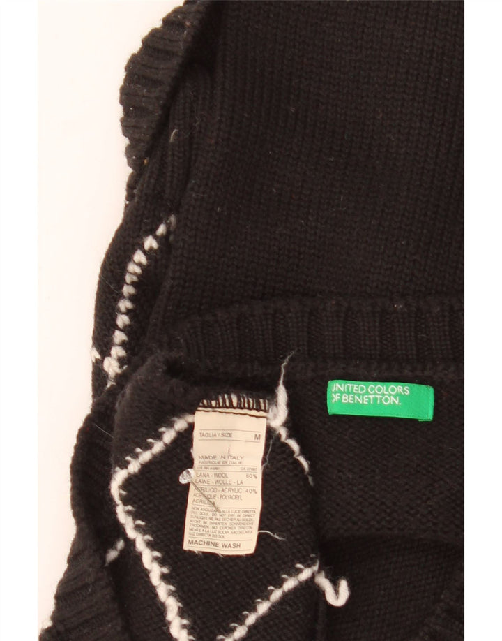 Suéter feminino Benetton com decote em V Reino Unido 12 médio preto argyle/diamante