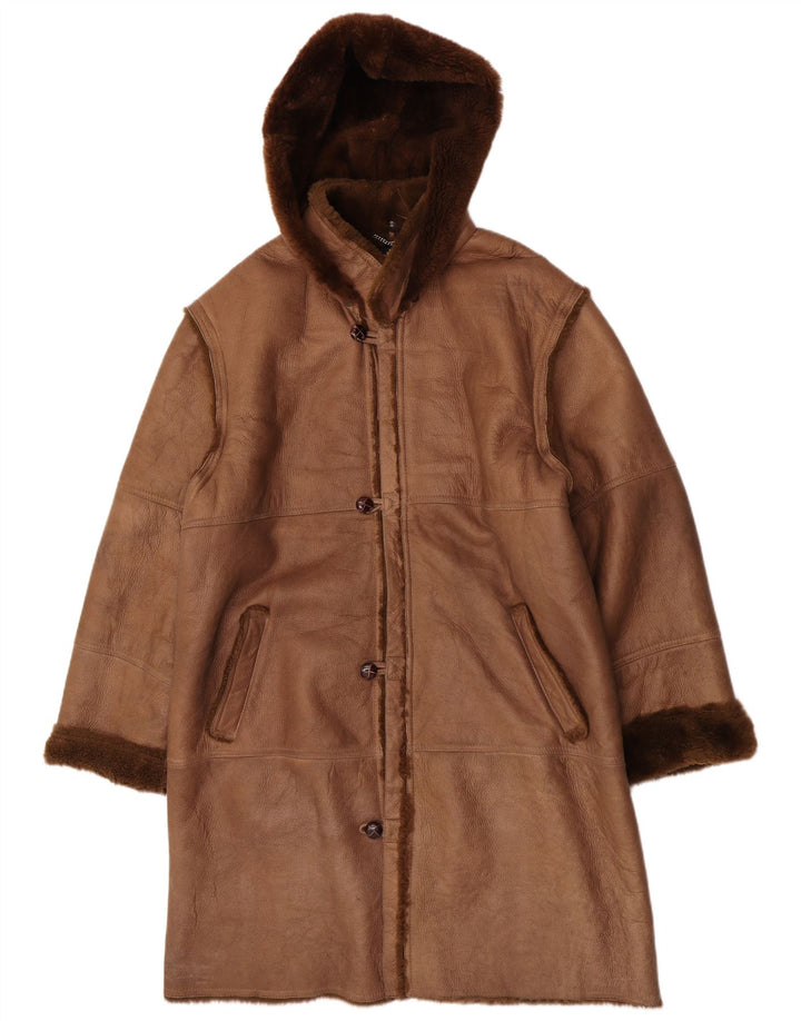 Sobretudo masculino Coveri com capuz de shearling EU 54 2XL couro marrom