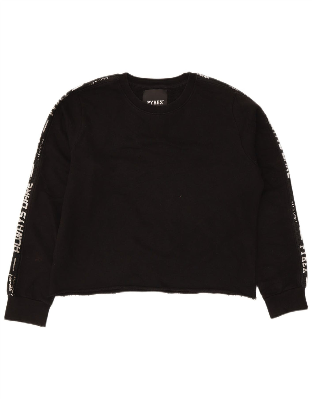 Suéter feminino PYREX com estampa gráfica cortada Reino Unido 16 grande algodão preto