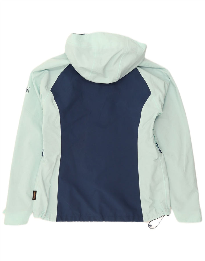 Jaqueta de chuva feminina com capuz Jack Wolfskin Reino Unido 10/12 bloco colorido azul médio
