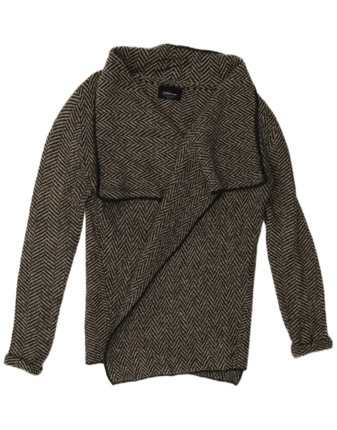 Zara Suéter Cardigan Aberto Feminino Reino Unido 14 Acrílico Espinha de Peixe Cinza Médio