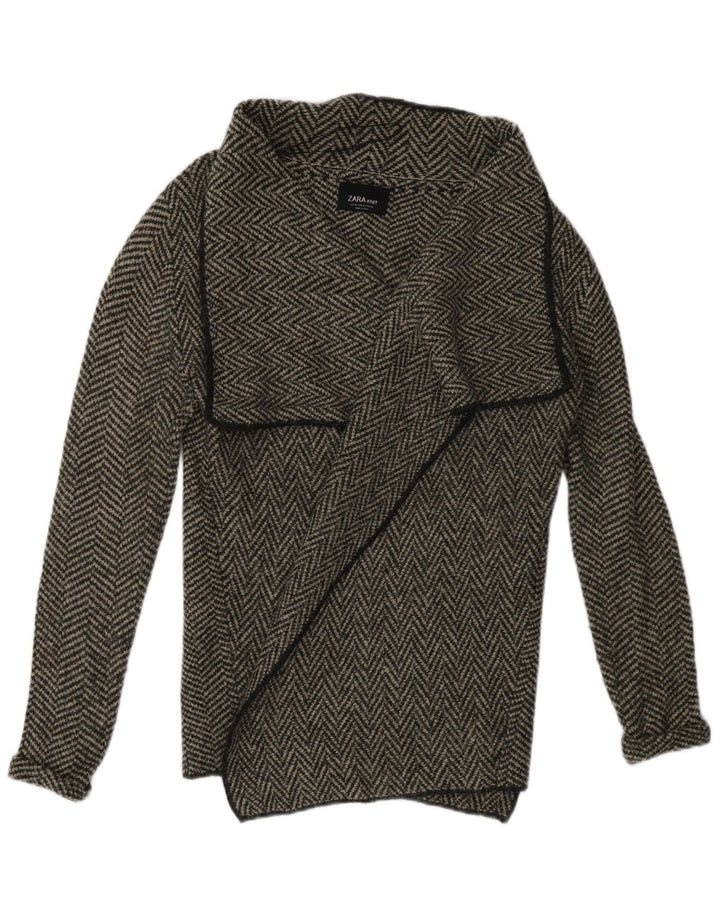 Zara Suéter Cardigan Aberto Feminino Reino Unido 14 Acrílico Espinha de Peixe Cinza Médio