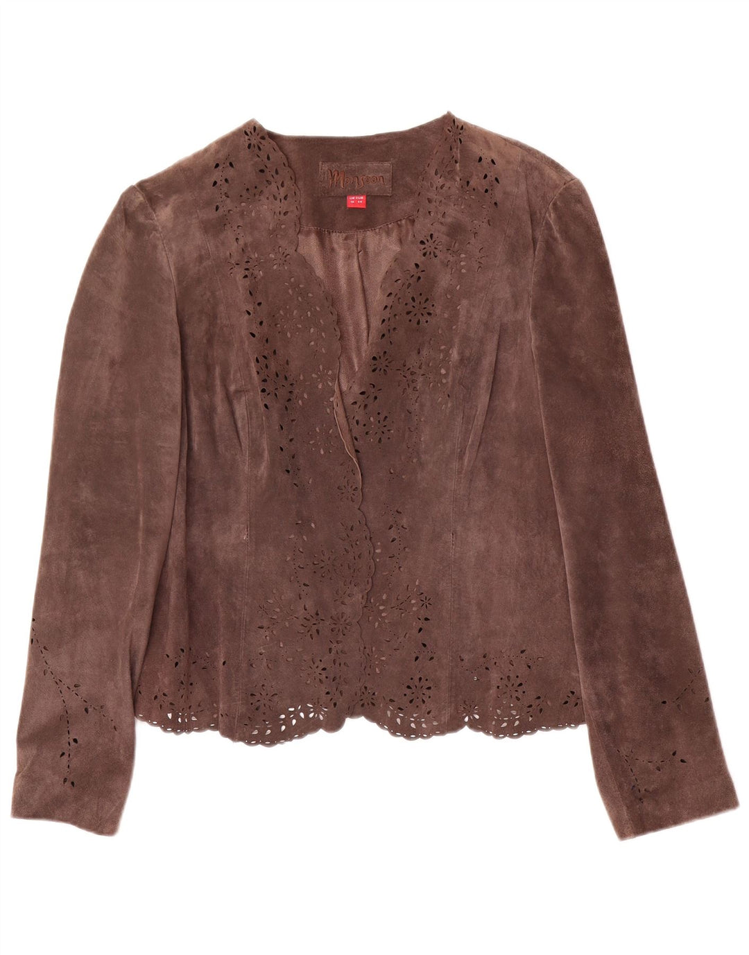 Jaqueta blazer feminina de camurça aberta MONSOON Reino Unido 16 grande couro marrom