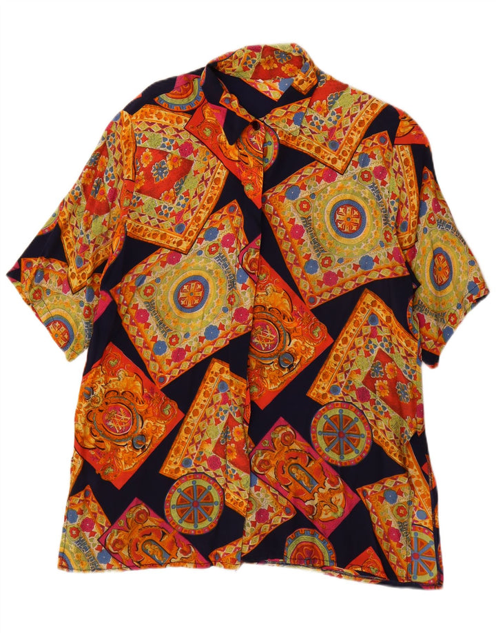 Camisa feminina vintage de manga curta UK 14 média multicolorida geométrica