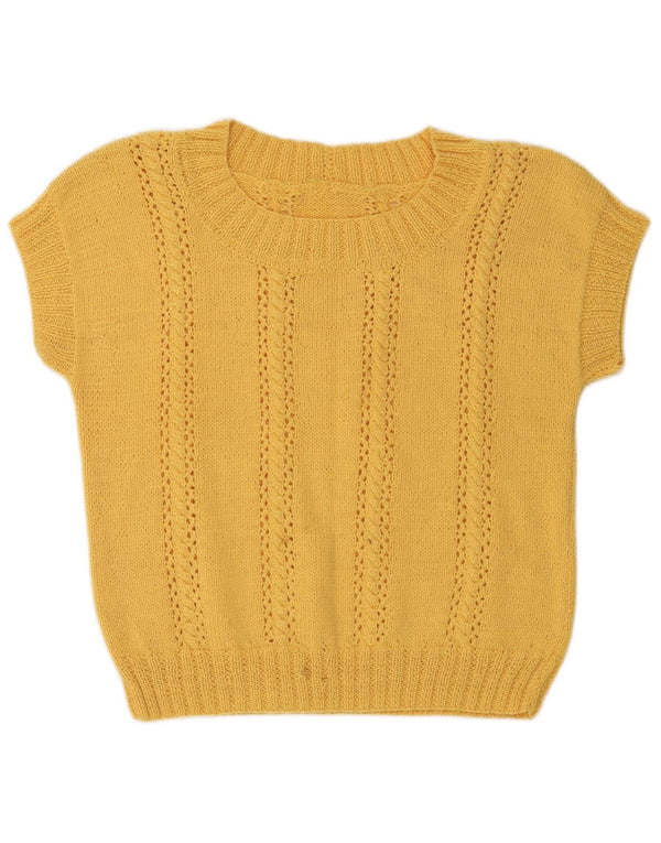 Suéter feminino vintage de manga curta com gola canoa Reino Unido 14 médio amarelo