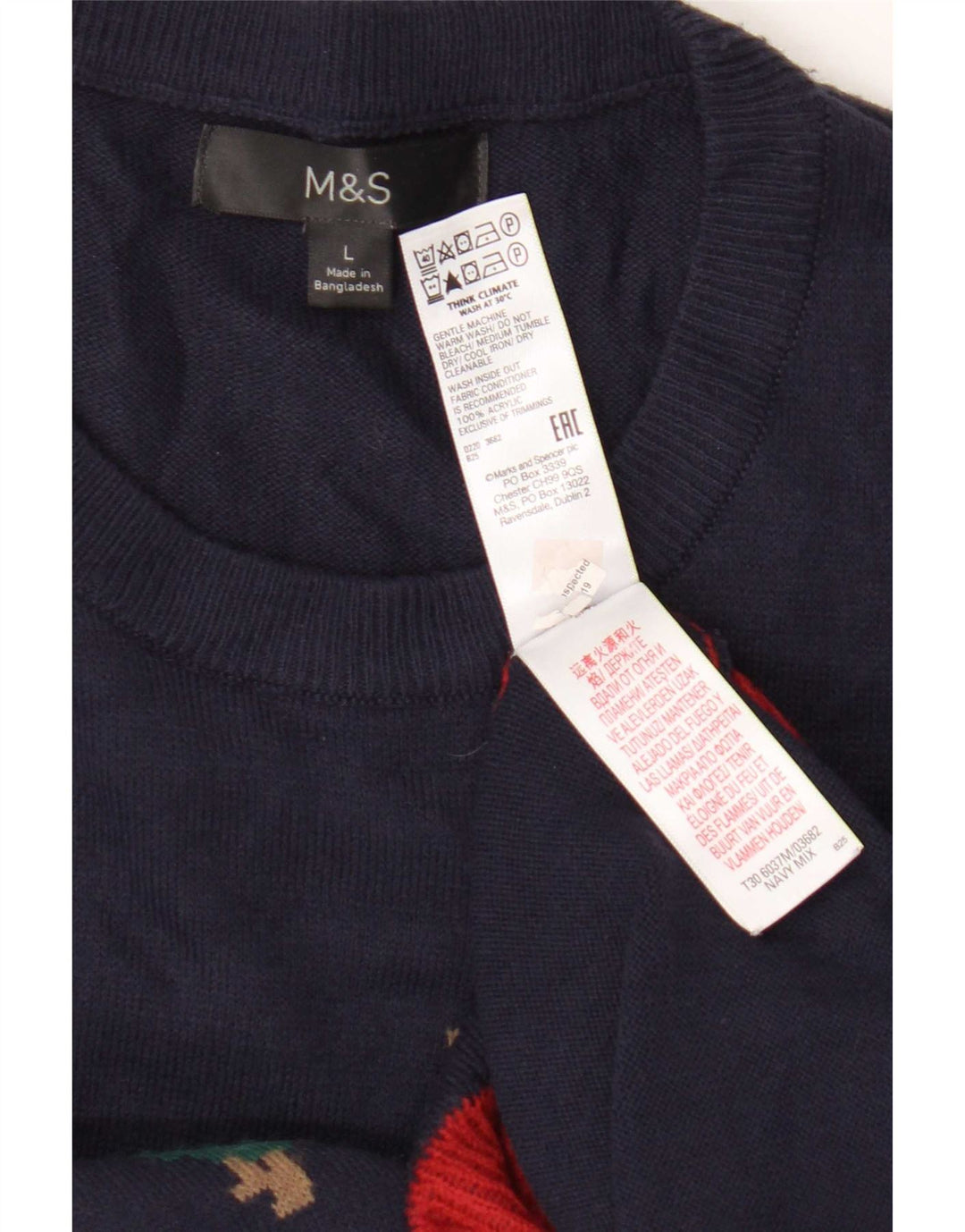 Suéter masculino Marks & Spencer com gola redonda grande azul marinho Fair Isle