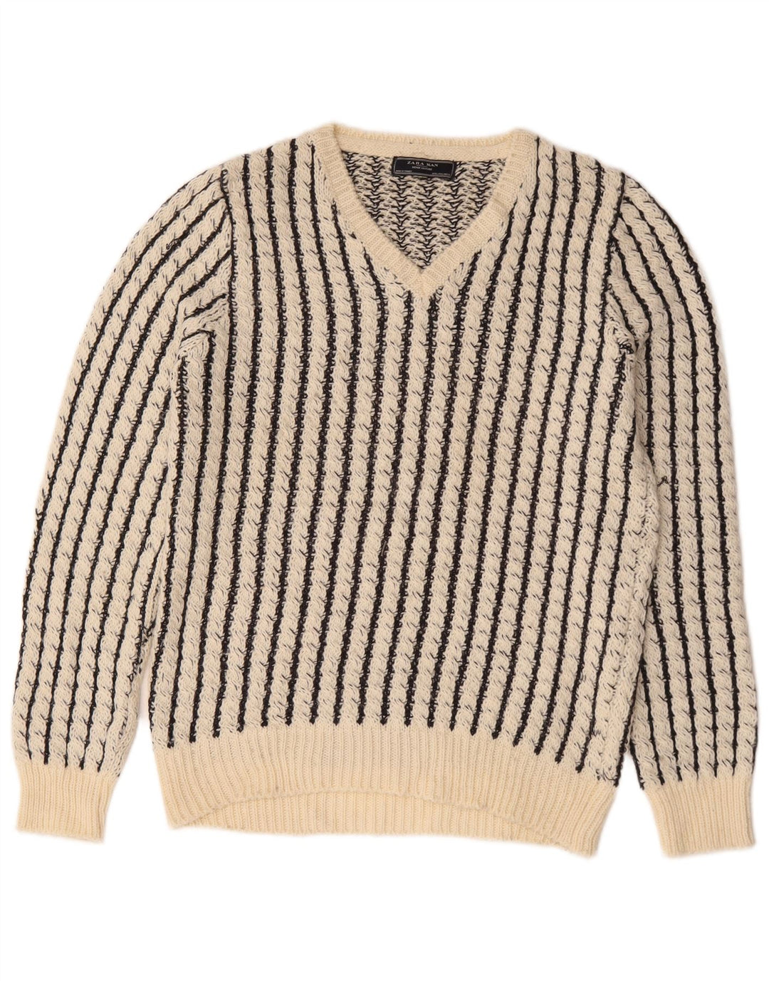 Suéter masculino Zara com decote em V grande acrílico listrado branco