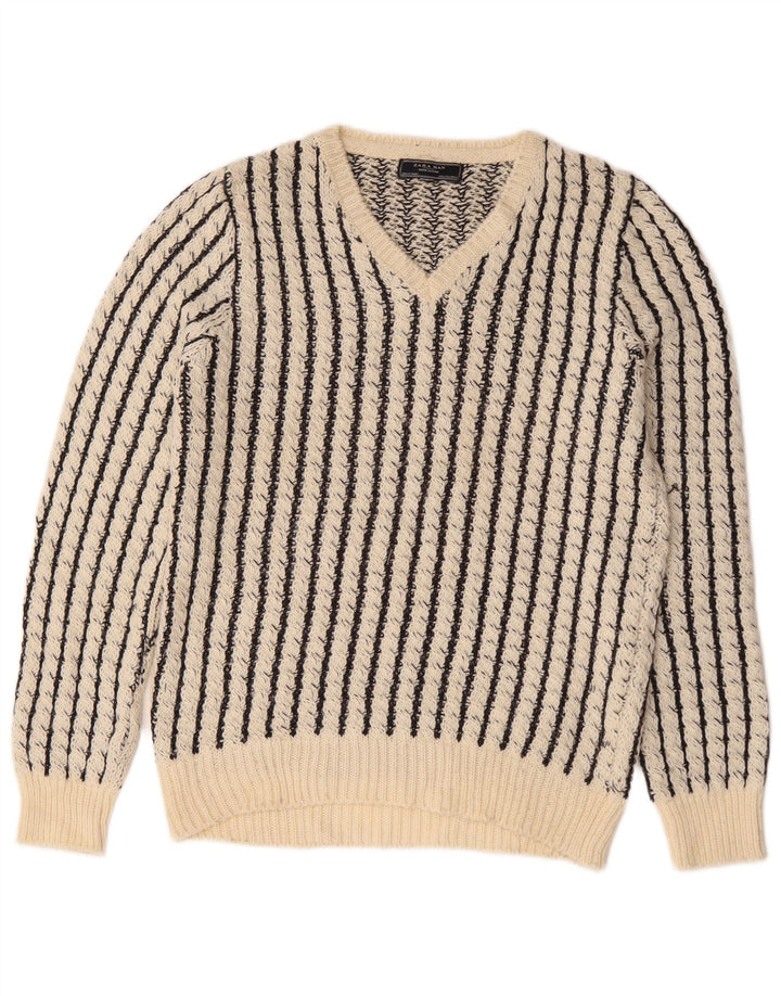 Suéter masculino Zara com decote em V grande acrílico listrado branco