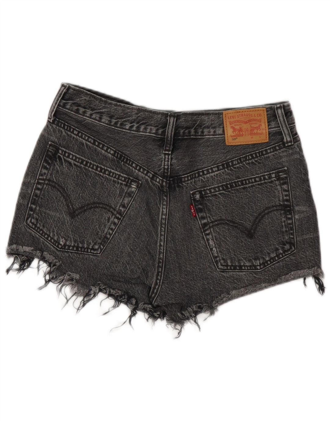 Shorts jeans feminino Levi's 501 desgastado W28 algodão cinza médio