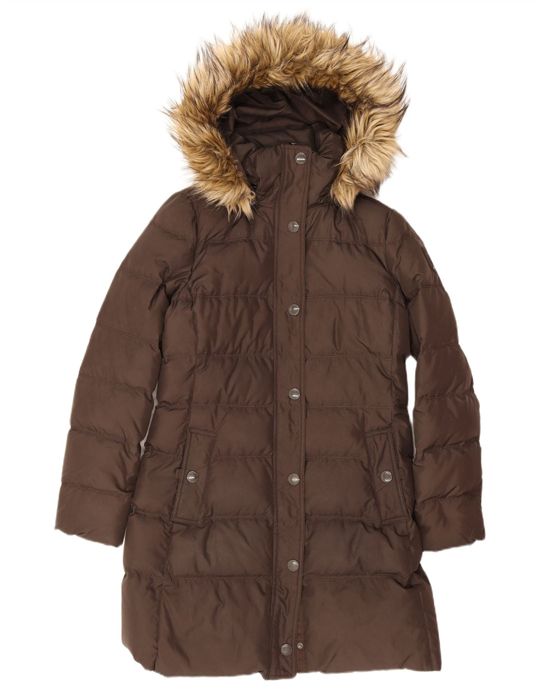 Casaco acolchoado com capuz feminino Tommy Hilfiger Reino Unido 14 poliéster marrom médio